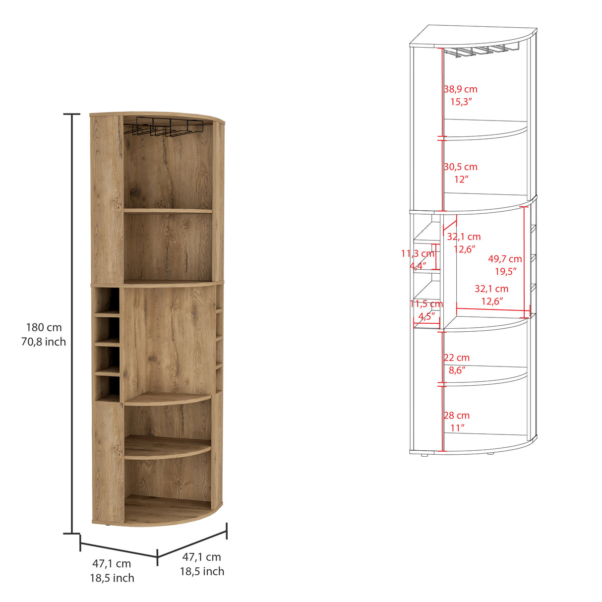 Bar Esquinero Oban Macadamia 47.1x180cm con Portacopasy Portabotellas - Bares | Bylmo