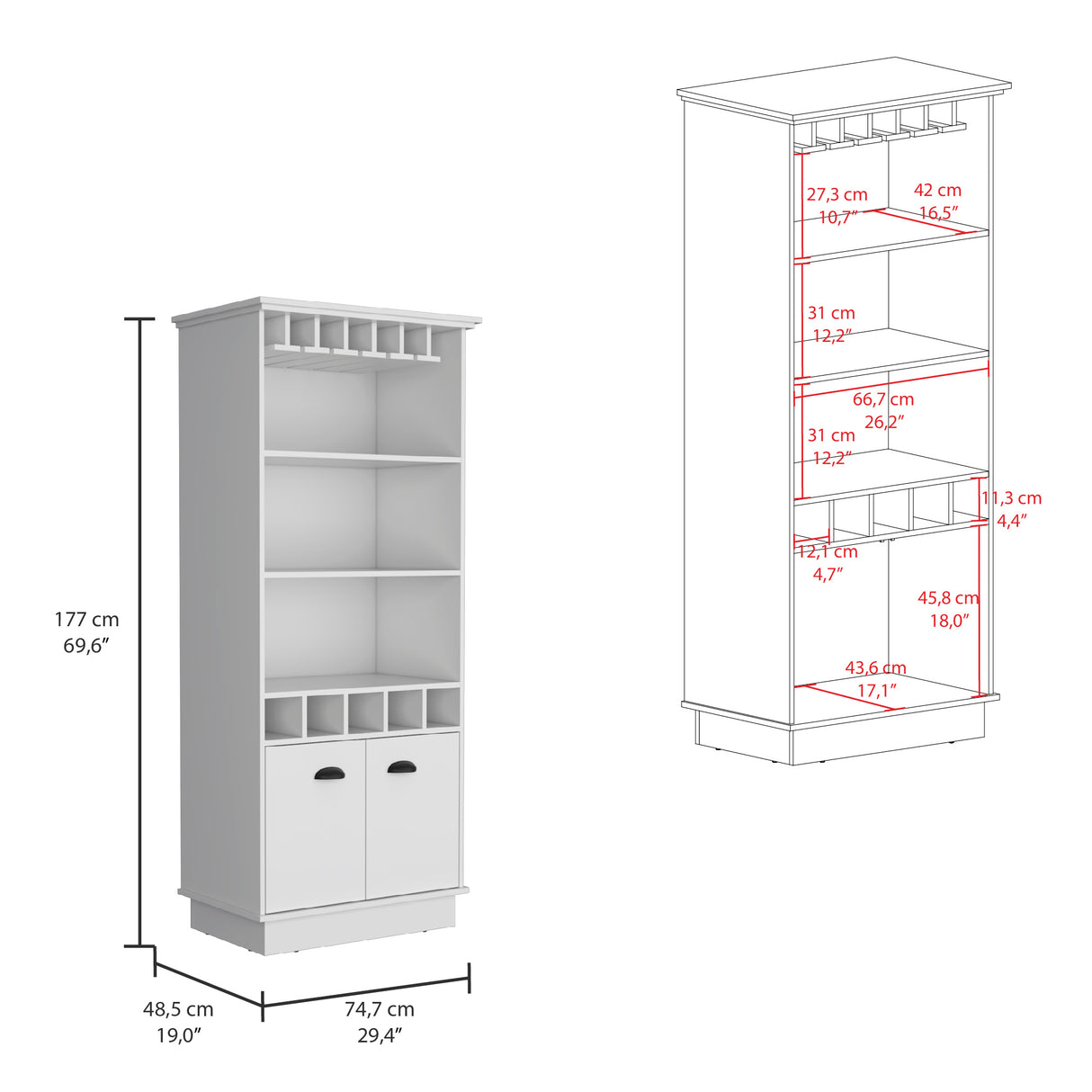 Bar Dundee Blanco 74.7x177cm con Portacopas y Portabotellas - Bares | Bylmo