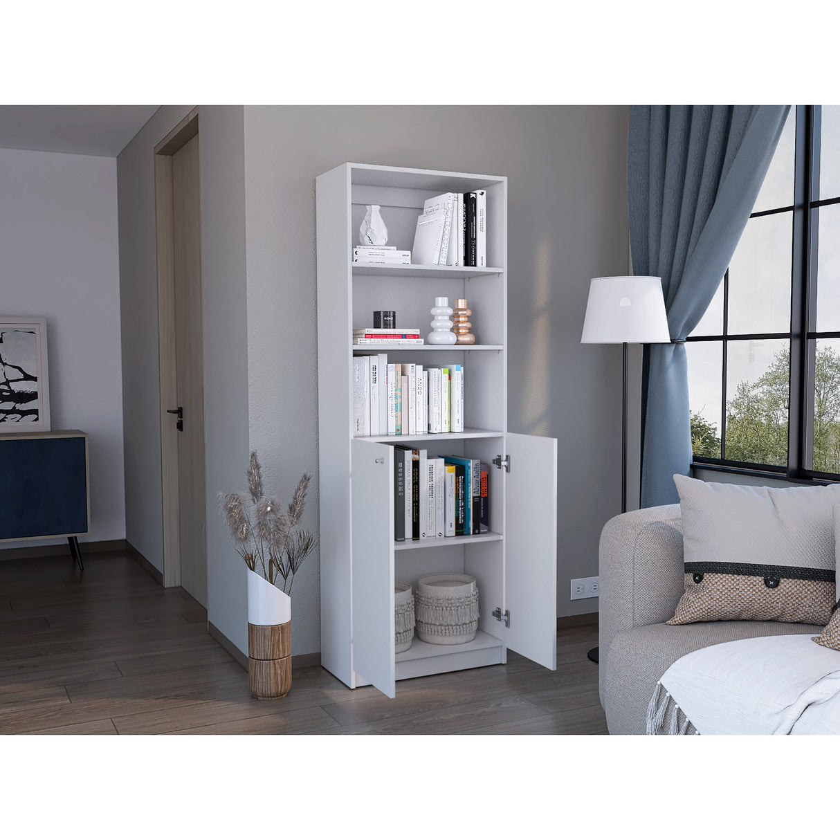Estantería Lib Home Blanco 62.8x180.6cm con Puertas y Cuatro Entrepaños - BIBLIOTECAS Y ESTANTERIAS | Bylmo