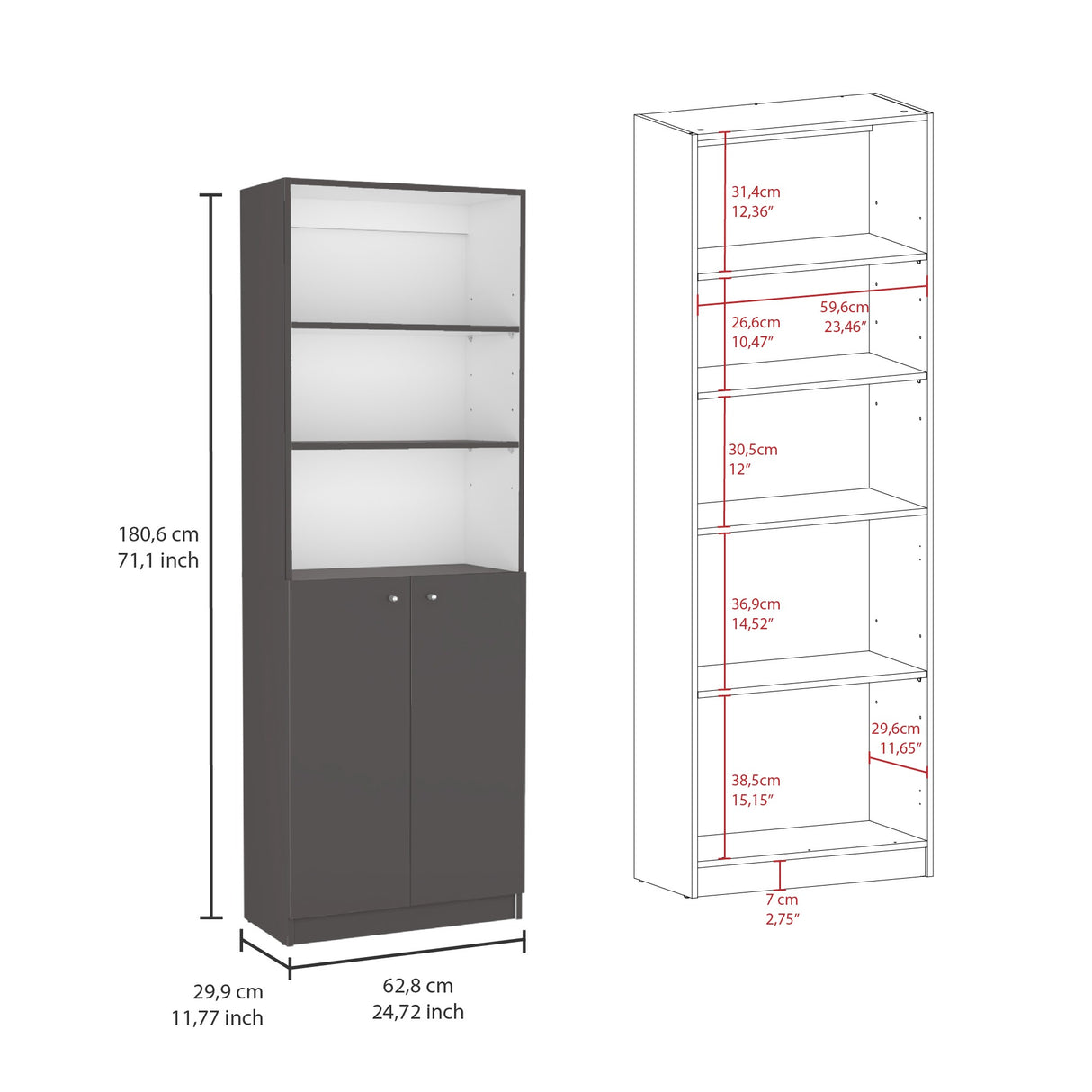 Estantería Home Plomo 62.8x180.6cm con Puertas y Cuatro Entrepaños - Bibliotecas y Estanterías | Bylmo