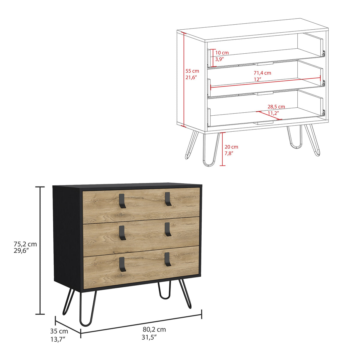 Cajonera Huna Macadamia con Negro 80.2x75.2cm con Tres Cajones - Cajoneras y Comodas | Bylmo