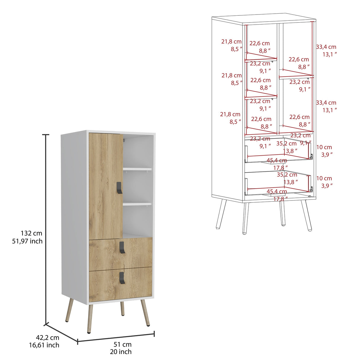 Cómoda Alta Huna Macadamia 51x131cm con Dos Cajones - Cajoneras y Comodas | Bylmo