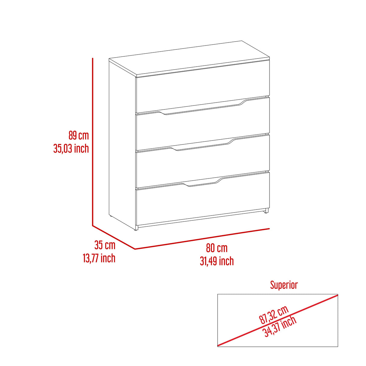 Cómoda Zoe Blanca Nevado 80x89cm con Cuatro Cajones - Cajoneras y Comodas | Bylmo