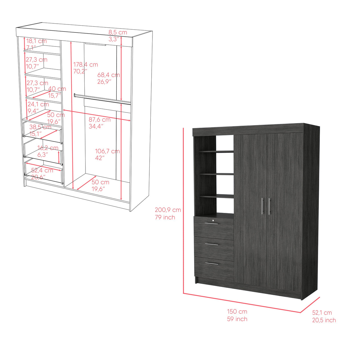 Closet Kenya Roble Gris 150x200.75cm con Tres Cajones - Closets | Bylmo