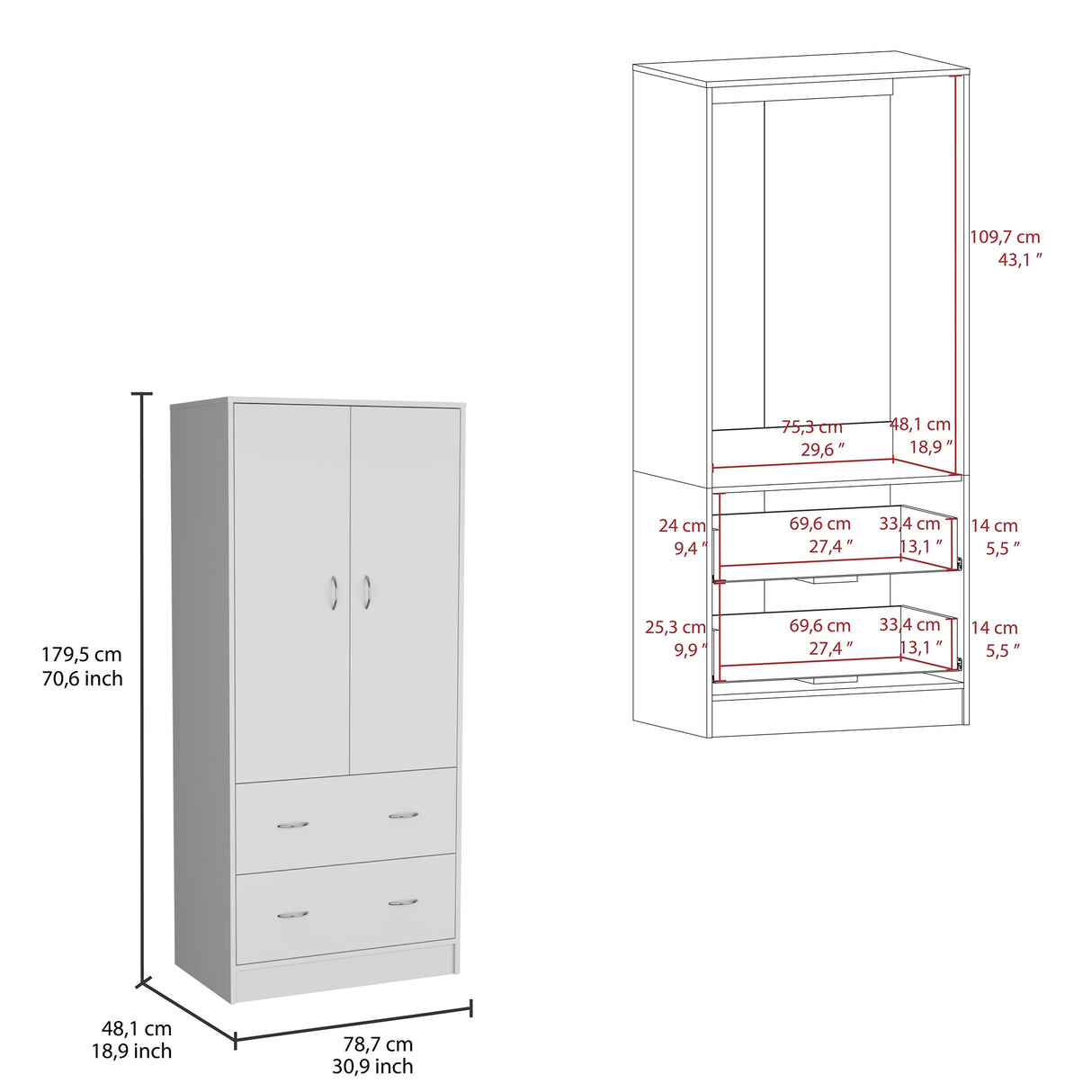 Closet Taly Blanco 78.7x180.1cm con Dos Cajones - CLOSETS | Bylmo