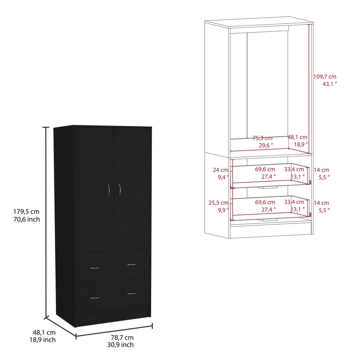 Closet Taly Wengue 78.7x180.1cm con Dos Cajones - Closets | Bylmo