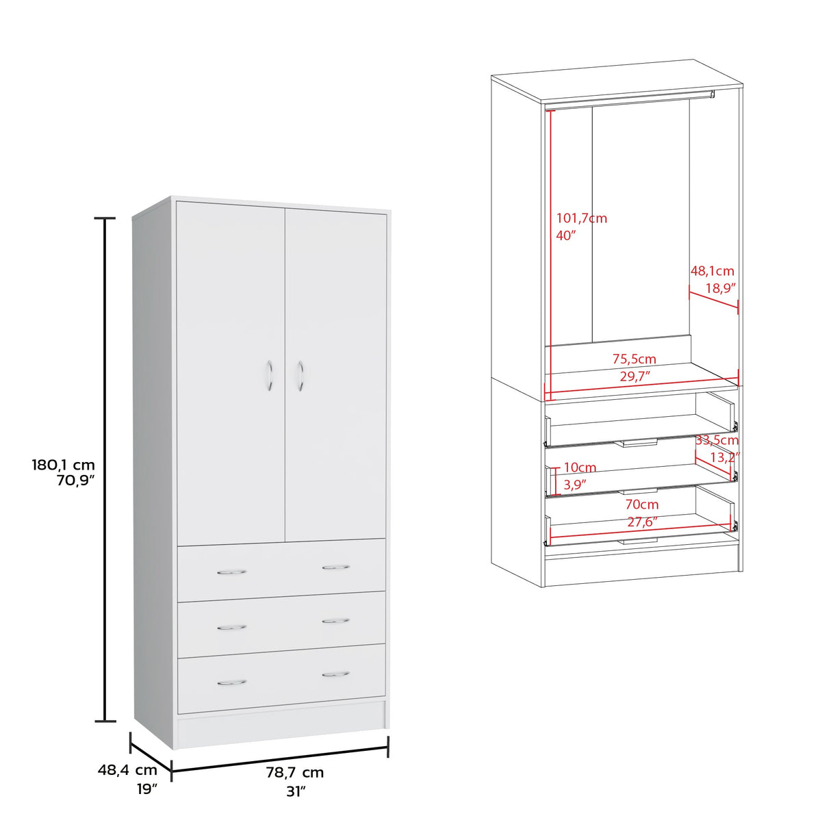 Closet Taly Blanco 78.7x180.1cm con Tres Cajones - Closets | Bylmo