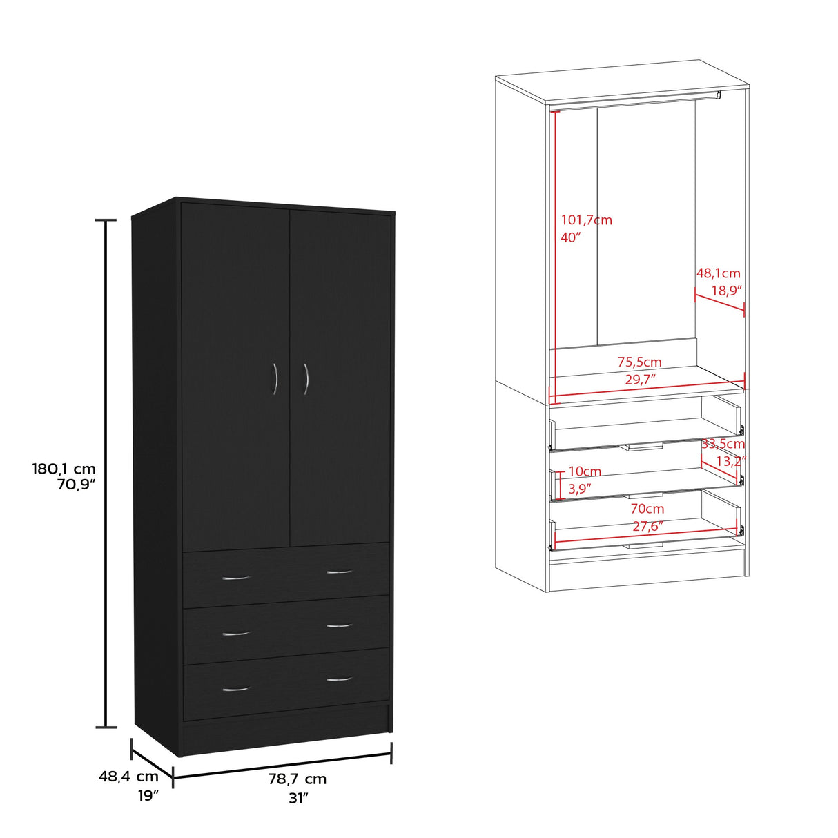 Closet Taly Wengue 78.7x180.1cm con Tres Cajones - Closets | Bylmo