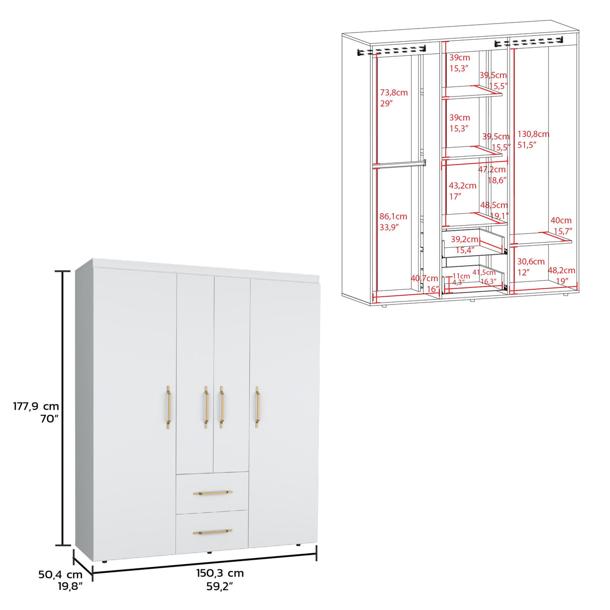 Closet Bariloche Blanco 150.3x177.9cm con Dos Cajones - CLOSETS | Bylmo