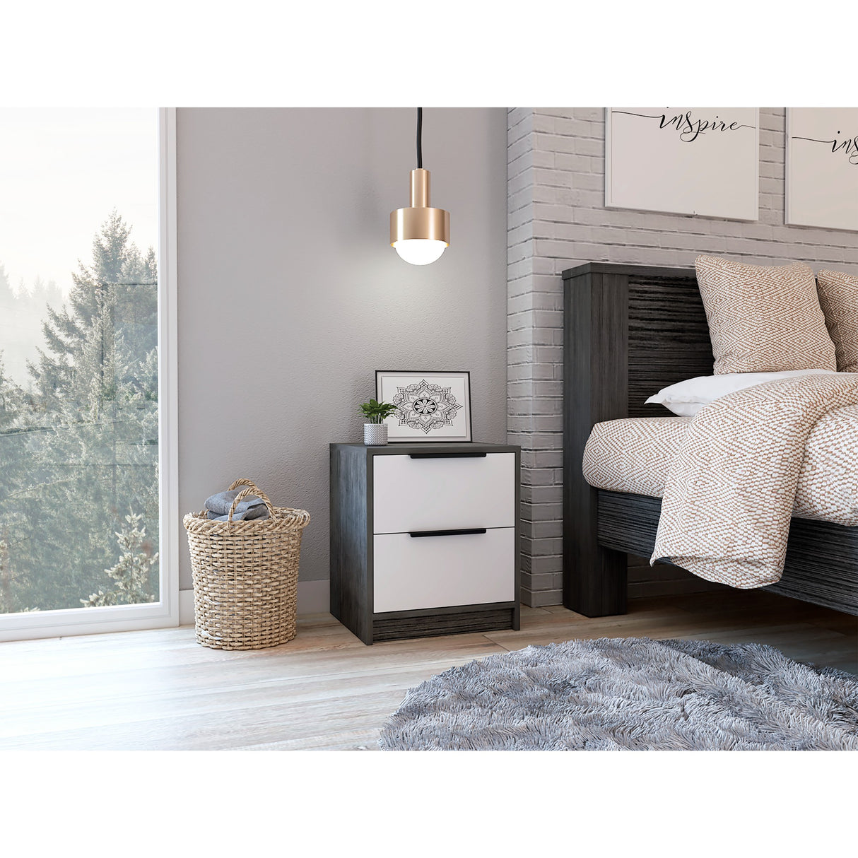 Mesa de Noche Kaia Roble Gris 41x48cm con Dos Cajones - Mesas de Noche | Bylmo