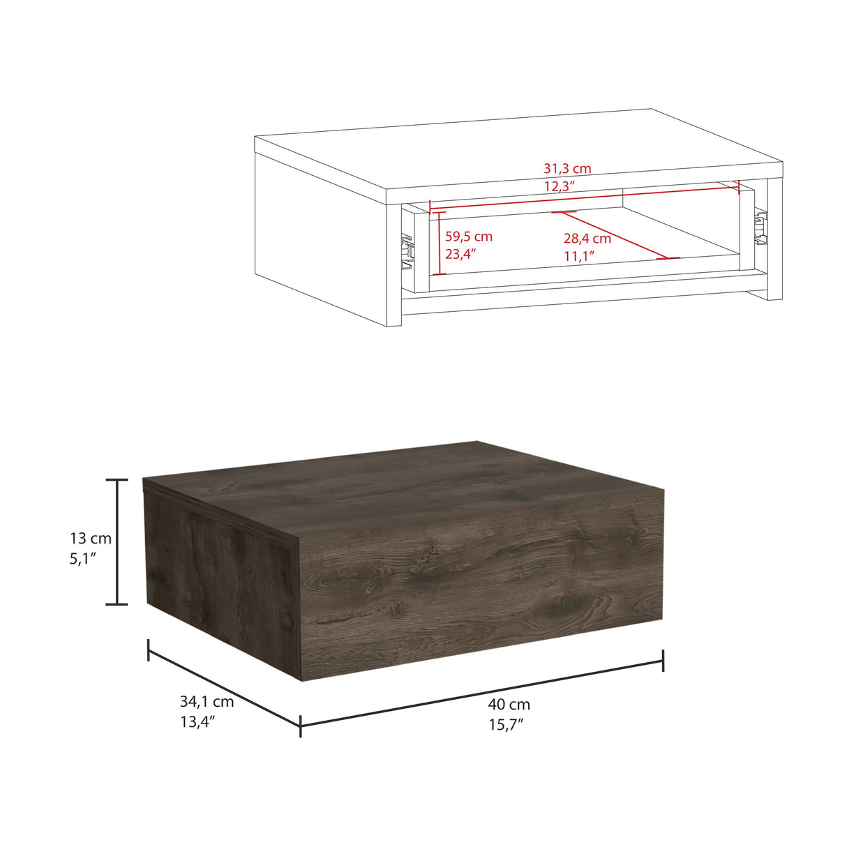 Mesa de Noche Milano Bellota 40x13cm Flotante con Un Cajón - Mesas de Noche | Bylmo
