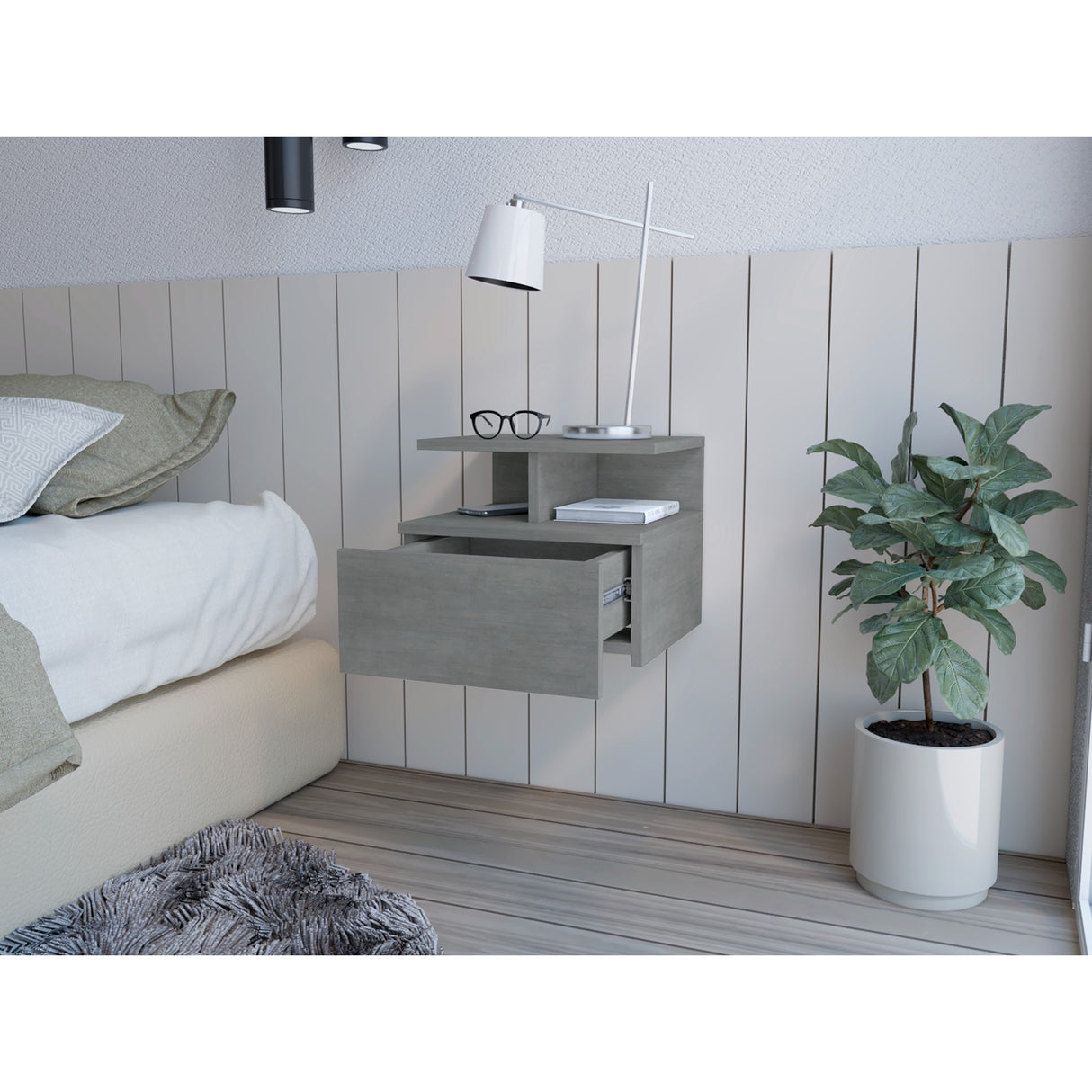 Mesa de Noche Sleep V Cemento 35.6x29.5 cm Flotante con Un Cajón - Mesas de Noche | Bylmo