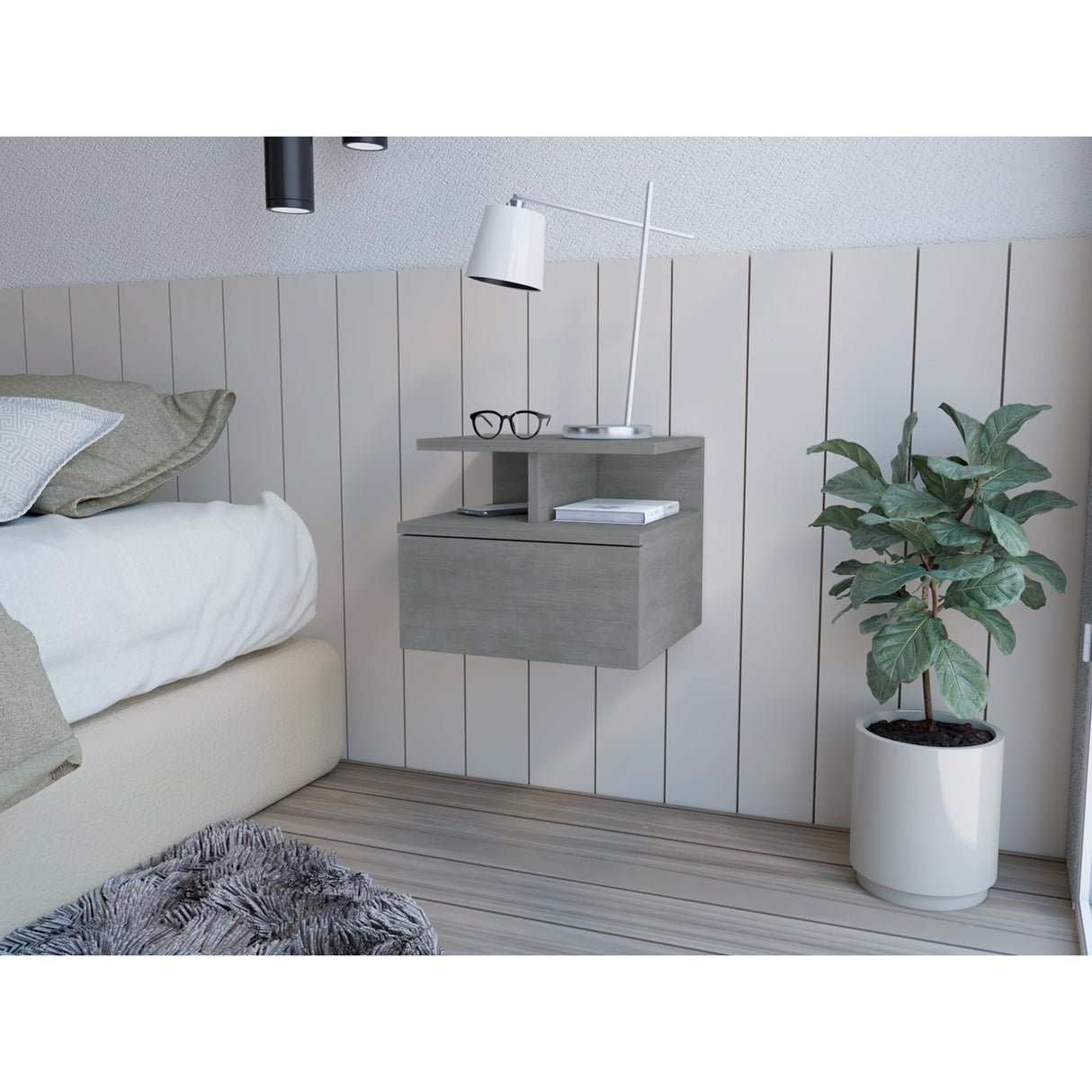 Mesa de Noche Sleep V Cemento 35.6x29.5 cm Flotante con Un Cajón - Mesas de Noche | Bylmo