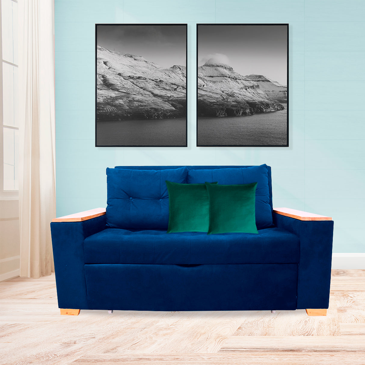 Sofá Cama Weber Azul Petróleo 180x90cm con Cuatro Cojines - Sofas y Poltronas | Bylmo
