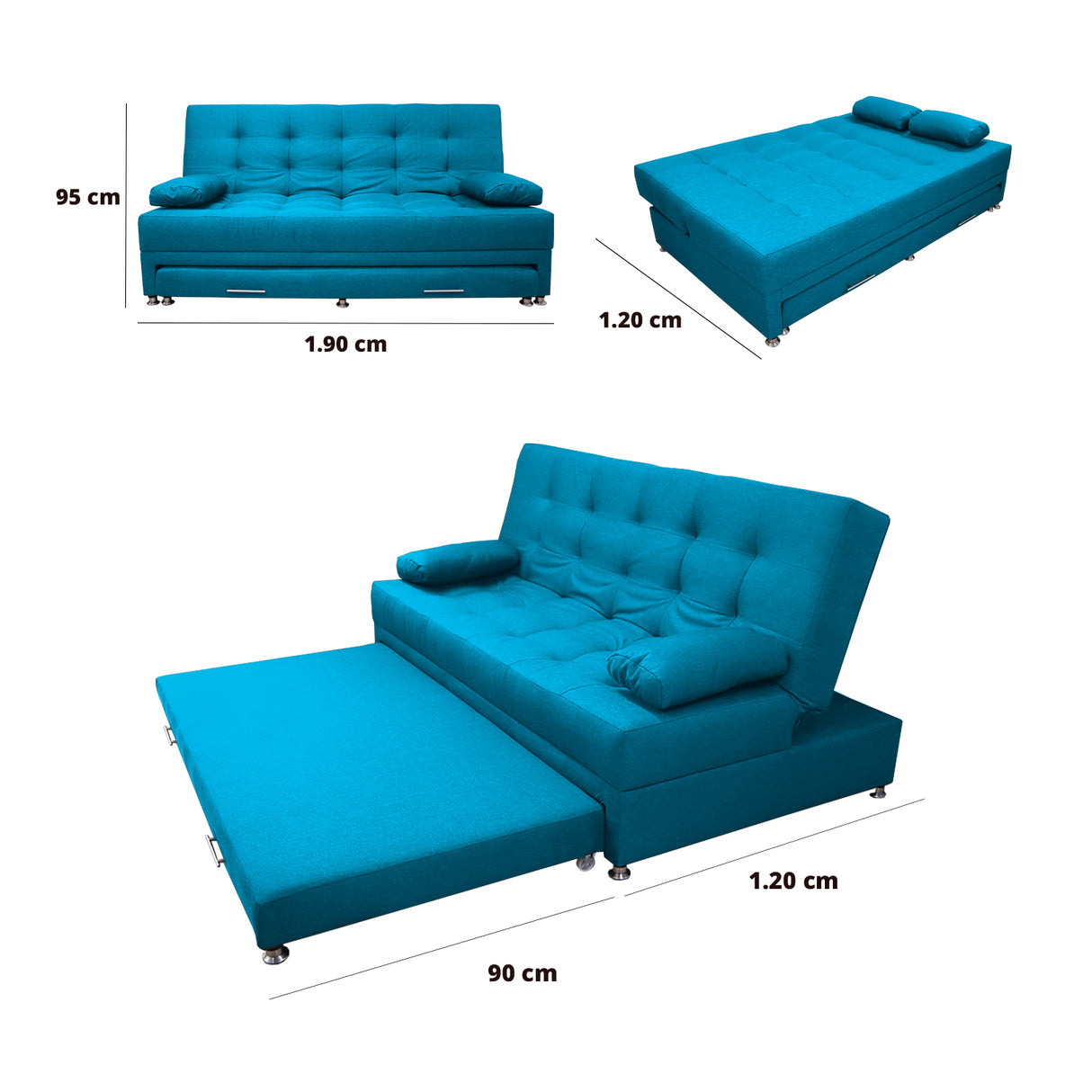 Sofá Cama Portmann Turquesa 190x95cm con Cuatro Cojines - Sofas y Poltronas | Bylmo