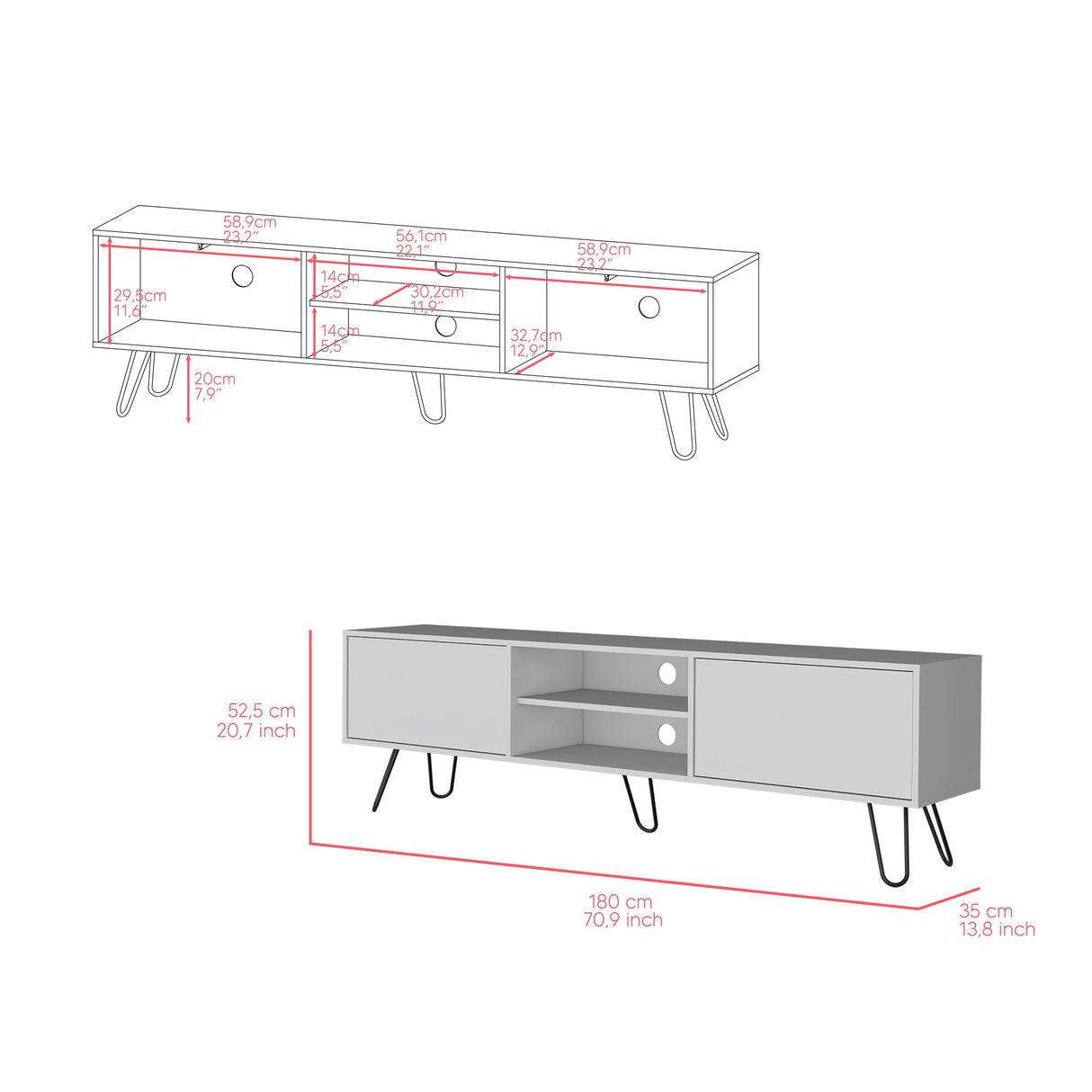 Rack de TV Vassel Blanco 180x52.5cm Para TV hasta 70 Pulgadas - Muebles de TV | Bylmo