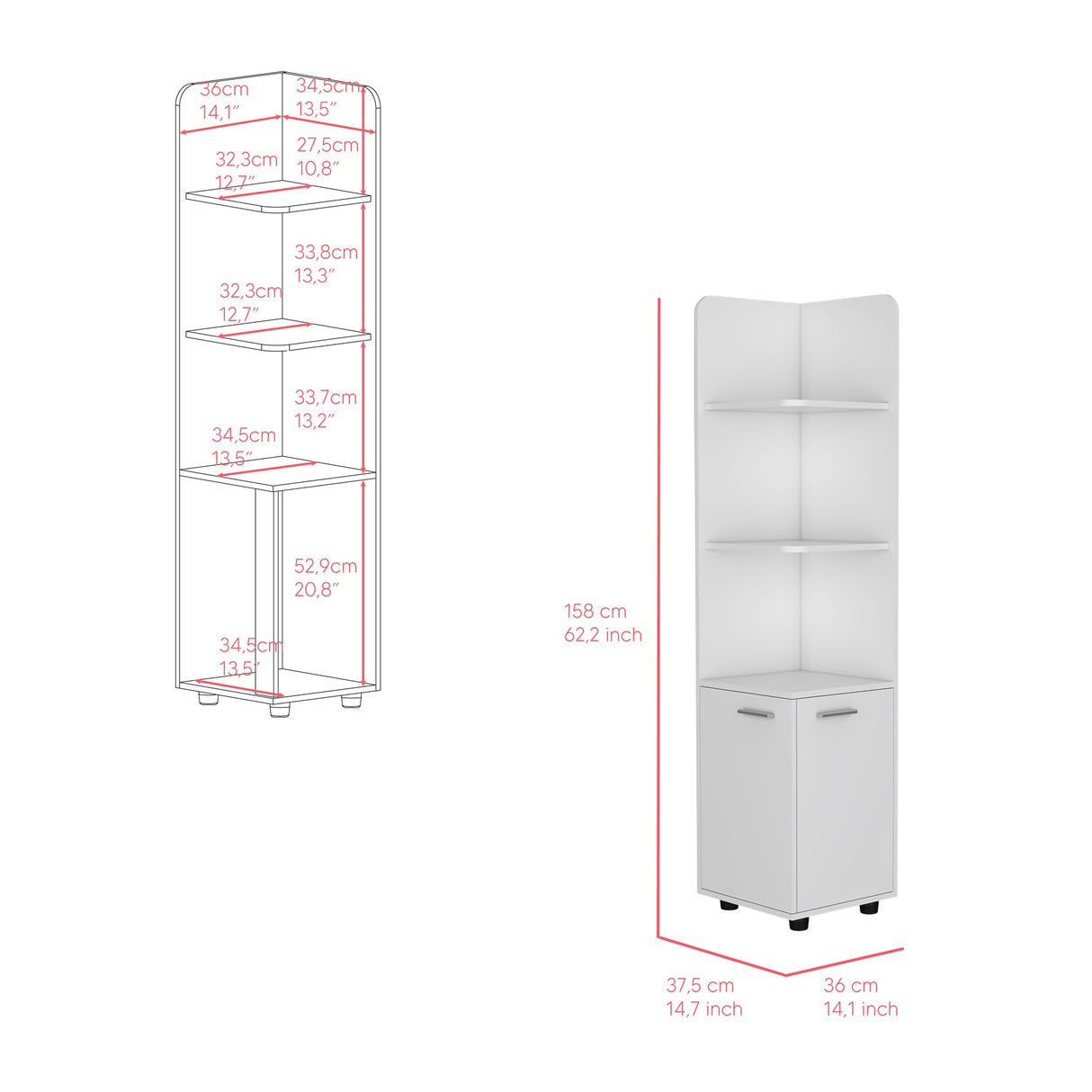 Mueble para Baño Esquinero Malibu Blanco 37.5x158 cm con Entrepaños - Muebles para Baño | Bylmo