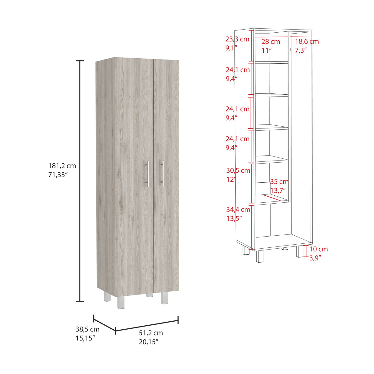 Organizador de Aseo Nala Ceniza 51.2x181.2cm con Colgadero de Escobas - Muebles de Aseo y Ropas | Bylmo