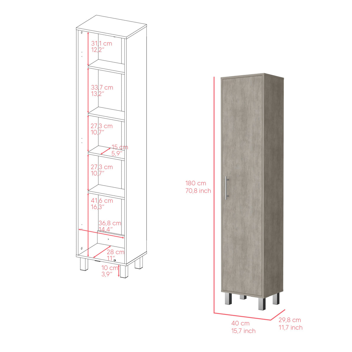 Organizador de Aseo Laska Cemento 40x180cm con Una Puerta - Muebles de Aseo y Ropas | Bylmo