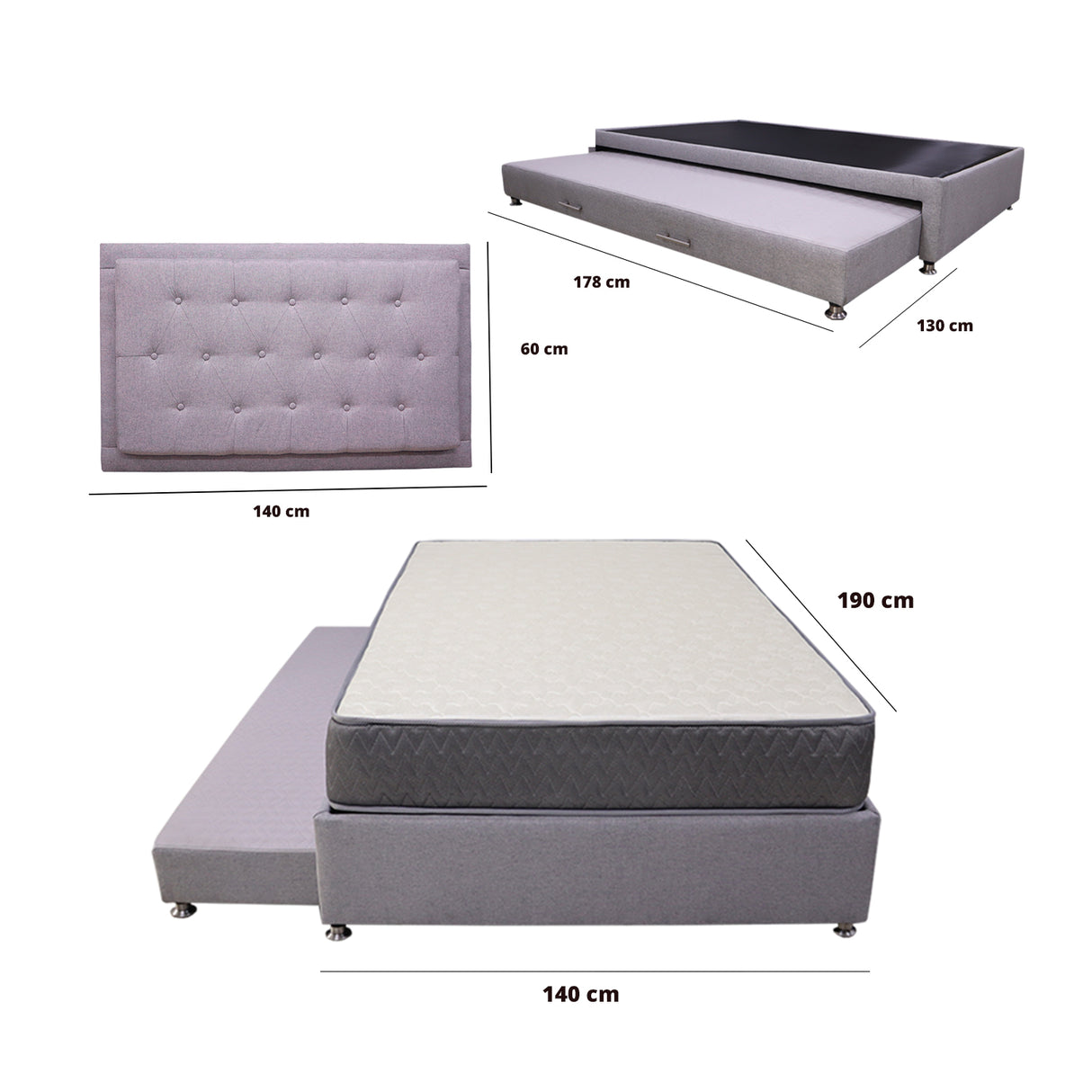 Combo Cama Tarima y Colchón Tanner Gris Claro 140x190cm Doble con Espaldar - Camas | Bylmo