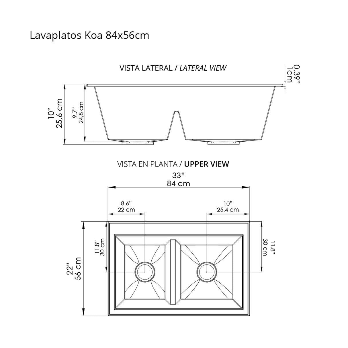 Lavaplatos Koa Doble Blanco Brillante 56x25.6cm Sobrepuesto - Lavaplatos | Bylmo