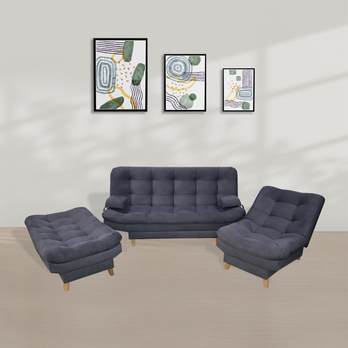 Sala Hauser Gris 185x90cm con Sofacama y Dos Sillas - Sofas y Poltronas | Bylmo