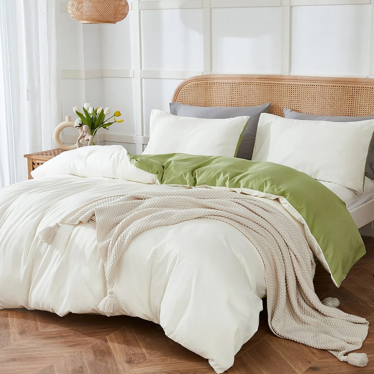 Duvet Lilis Crema Verde Para Cama Queen 160x190cm - Tendidos y Cubrelechos | Bylmo