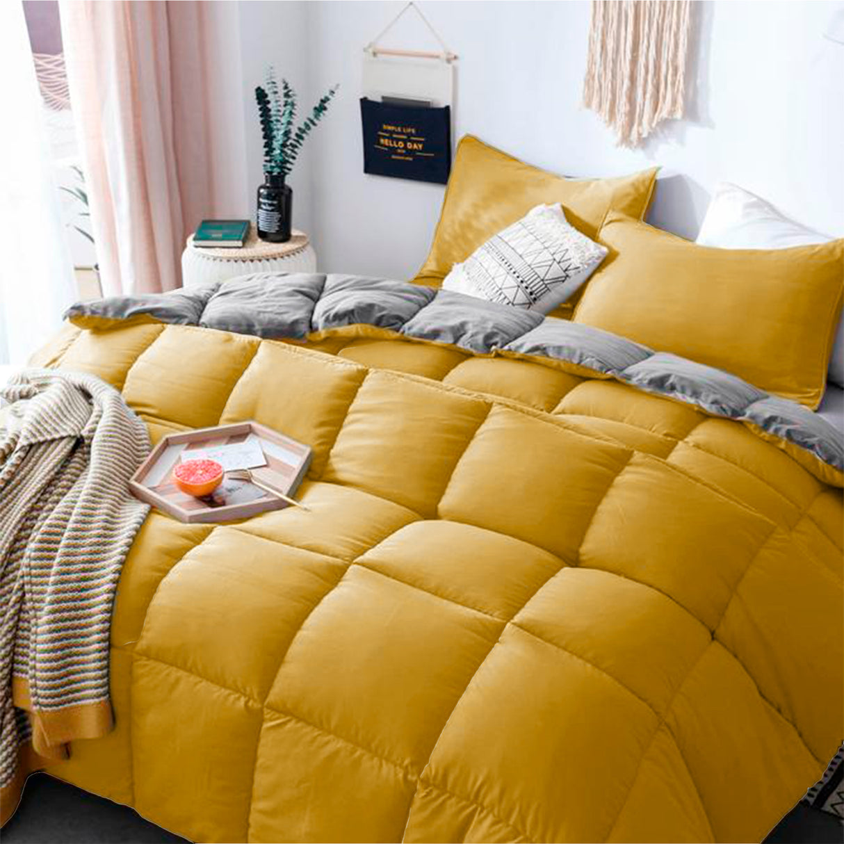 Edredón Cotona Mostaza Gris Claro Para Cama Semidoble 120x190cm - Tendidos y Cubrelechos | Bylmo