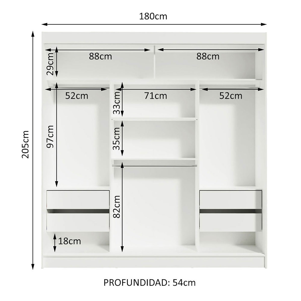 Closet Reno Blanco y Marron 180x205cm con Espejo y Cinco Cajones - Closets | Bylmo