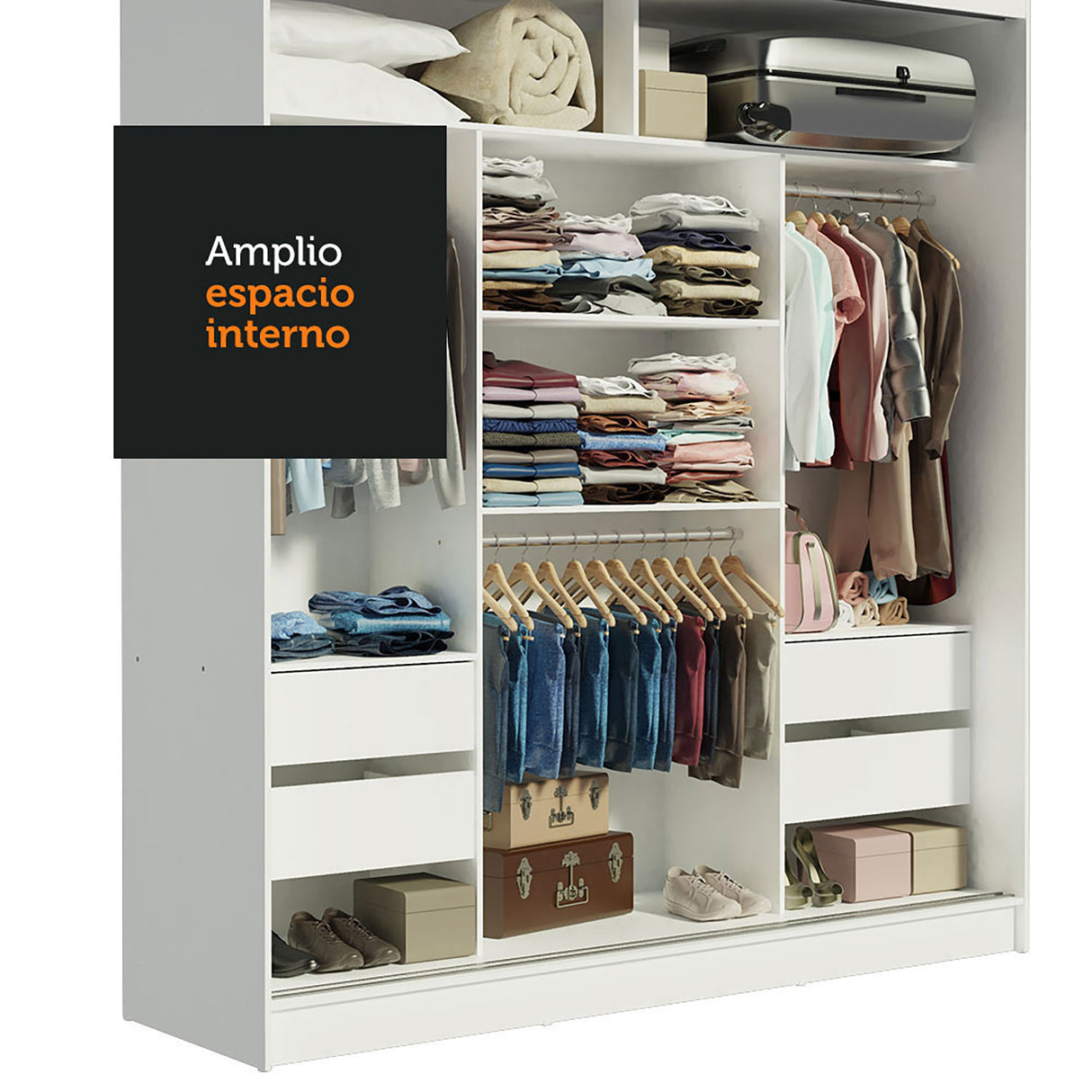 Closet Reno Blanco y Marron 180x205cm con Espejo y Seis Cajones - Closets | Bylmo