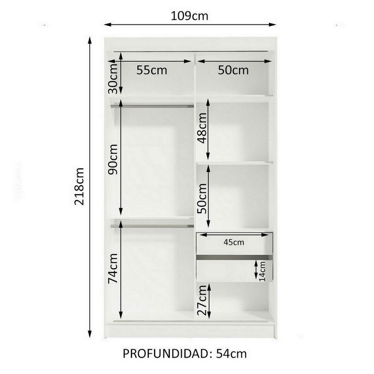 Closet Tokio Blanco 109x218cm con Espejo y Cinco Cajones - Closets | Bylmo
