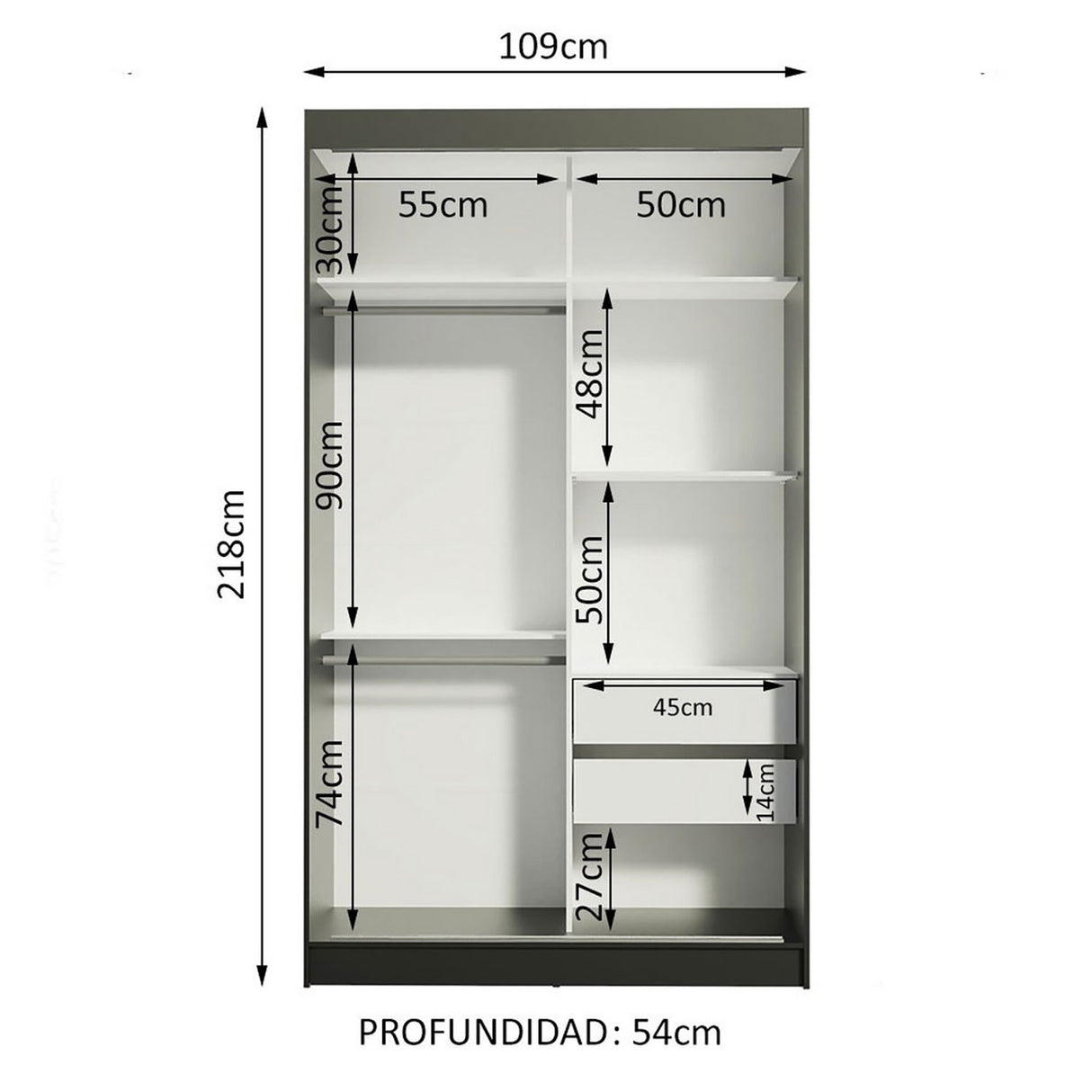 Closet Tokio Negro 109x218cm con Espejo y Cuatro Cajones - Closets | Bylmo