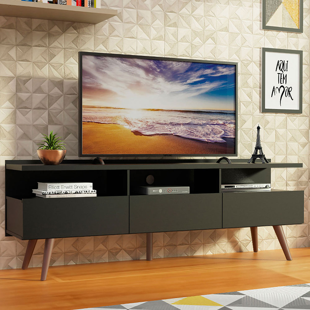 Rack de TV Londres Negro 160x58cm Para TV Hasta 65 Pulgadas - Muebles de TV | Bylmo