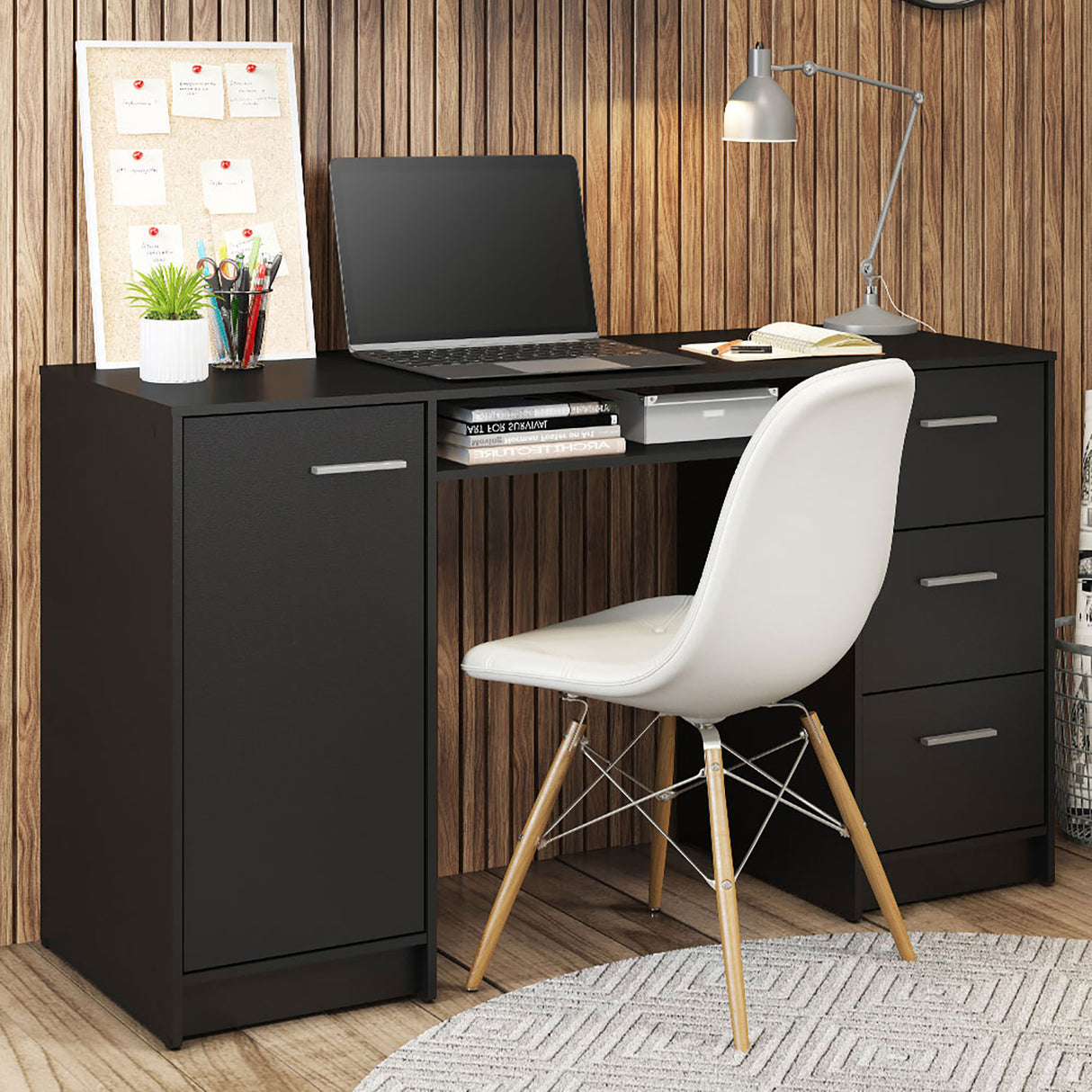 Mesa de Computador Alaska Negro 136x77cm con Tres Cajones - Escritorios | Bylmo