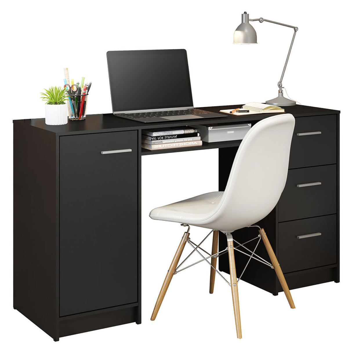 Mesa de Computador Alaska Negro 136x77cm con Tres Cajones - Escritorios | Bylmo