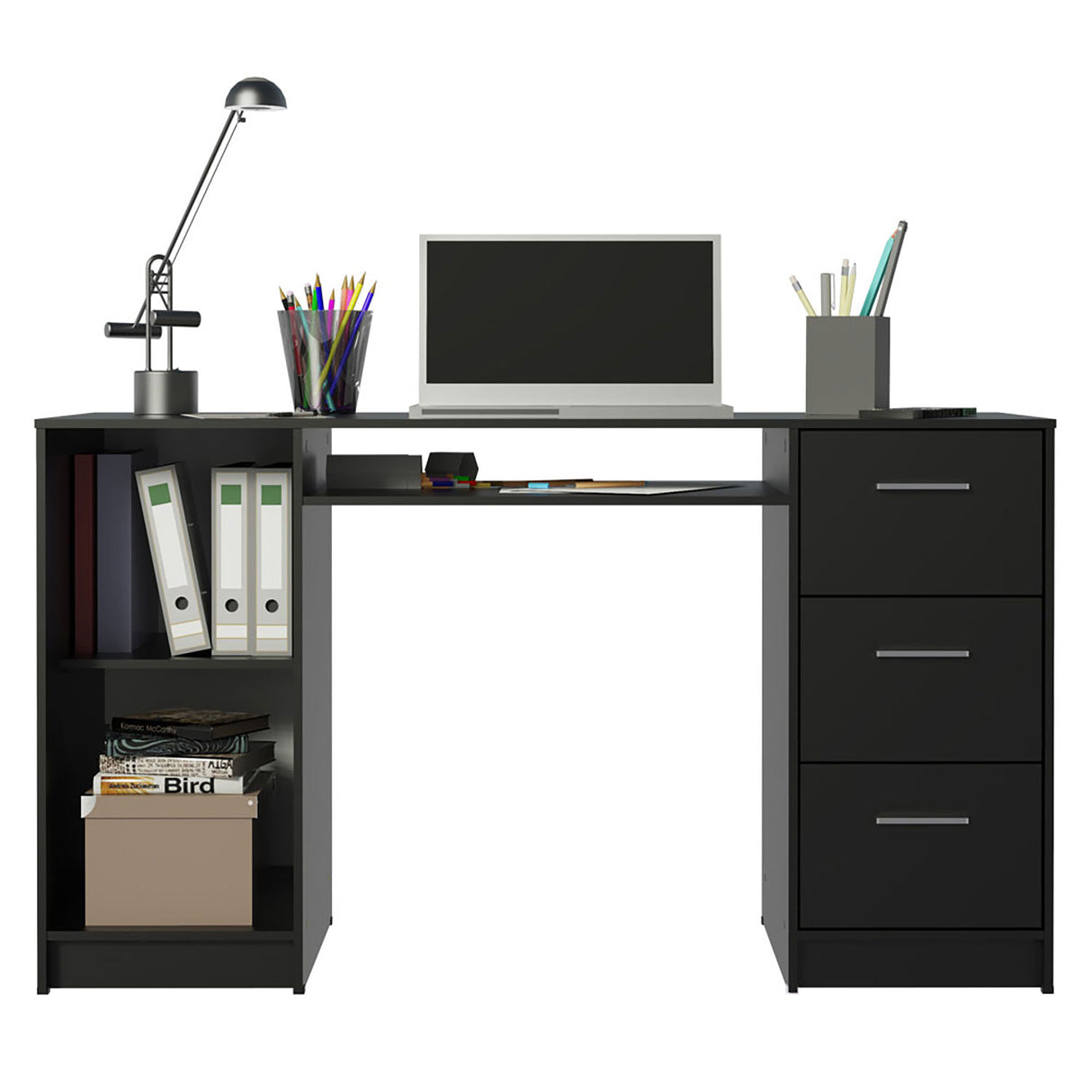 Mesa de Computador Alaska Negro 136x77cm con Tres Cajones - Escritorios | Bylmo