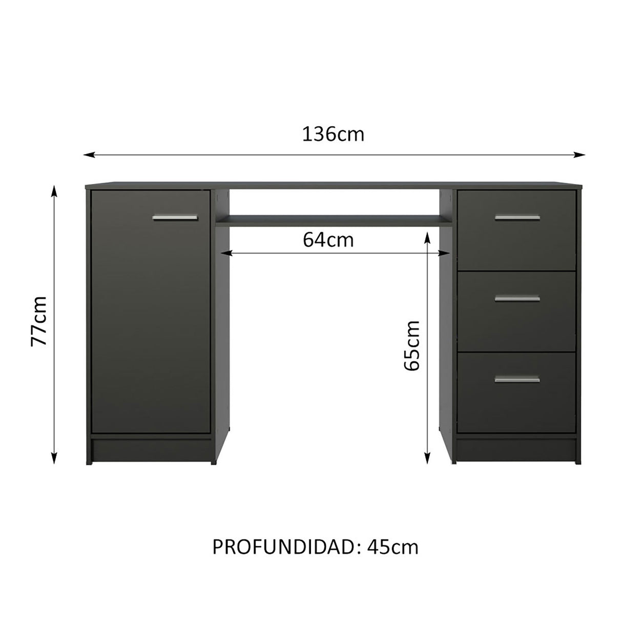 Mesa de Computador Alaska Negro 136x77cm con Tres Cajones - Escritorios | Bylmo