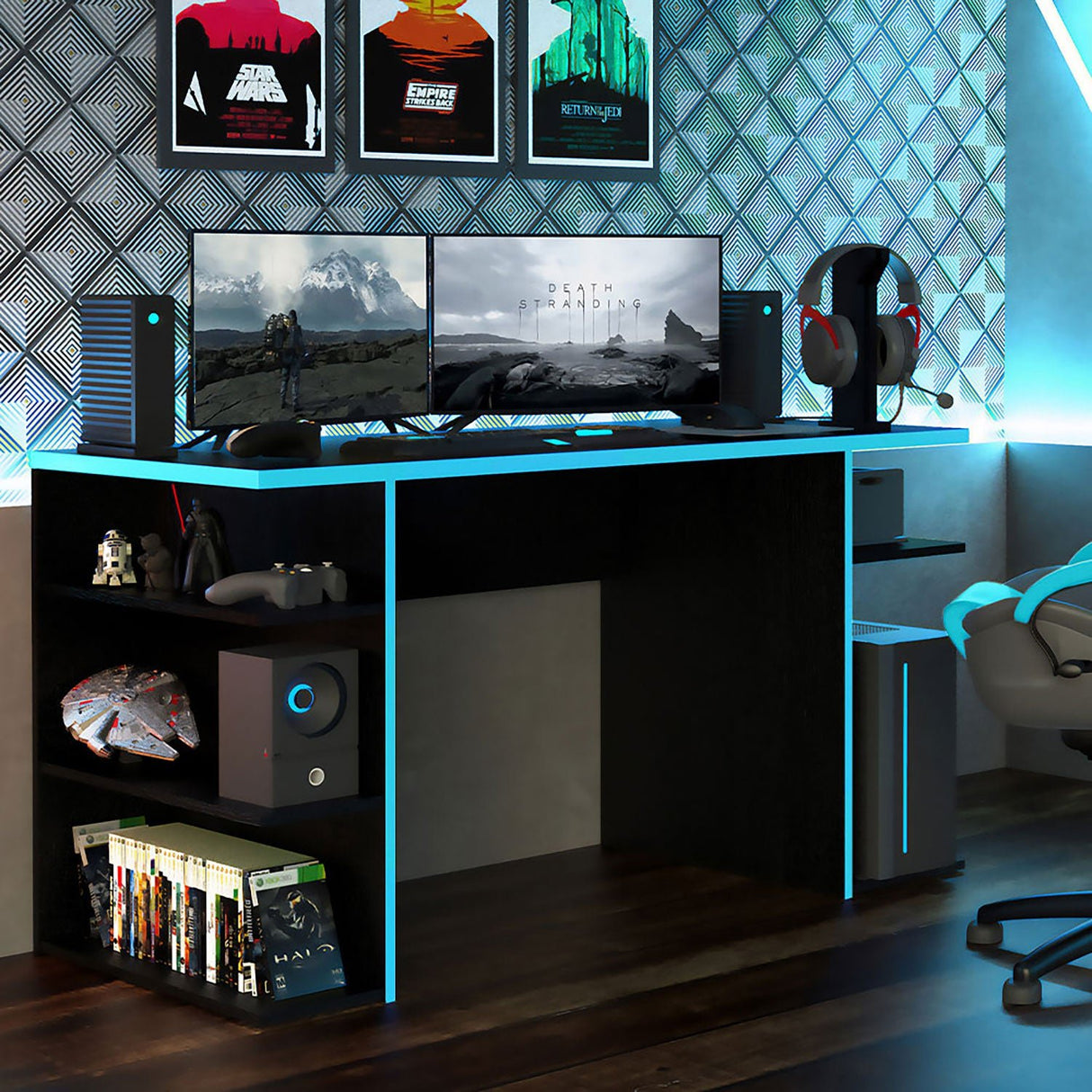 Escritorio Gamer Alaska NR Negro y Azul 136x75cm Sin Cajones - Escritorios | Bylmo