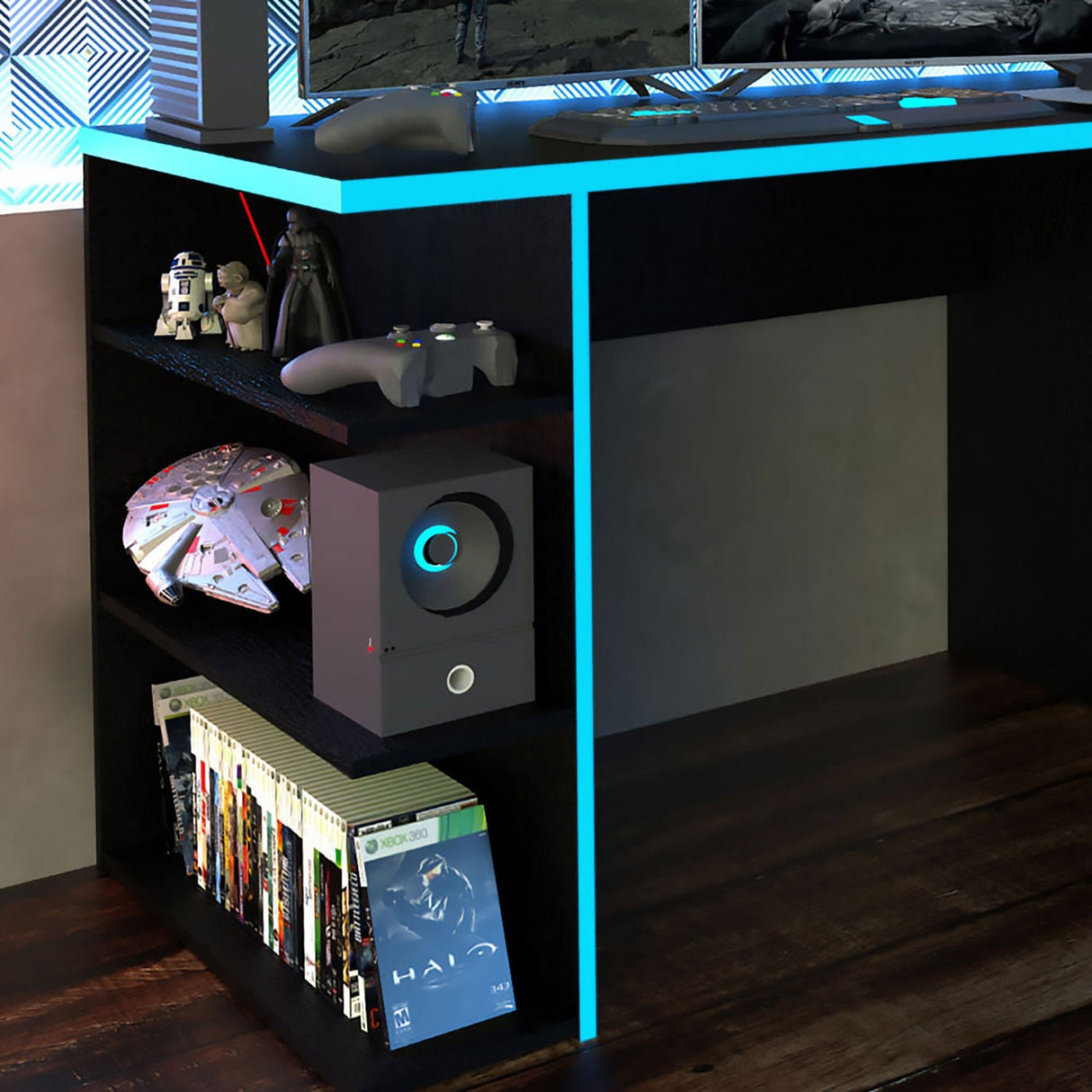 Escritorio Gamer Alaska NR Negro y Azul 136x75cm Sin Cajones - Escritorios | Bylmo