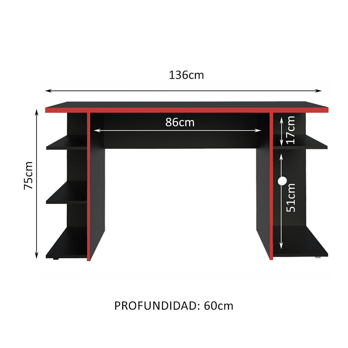 Escritorio Gamer Alaska NB Negro y Rojo 136x75cm Sin Cajones - Escritorios | Bylmo