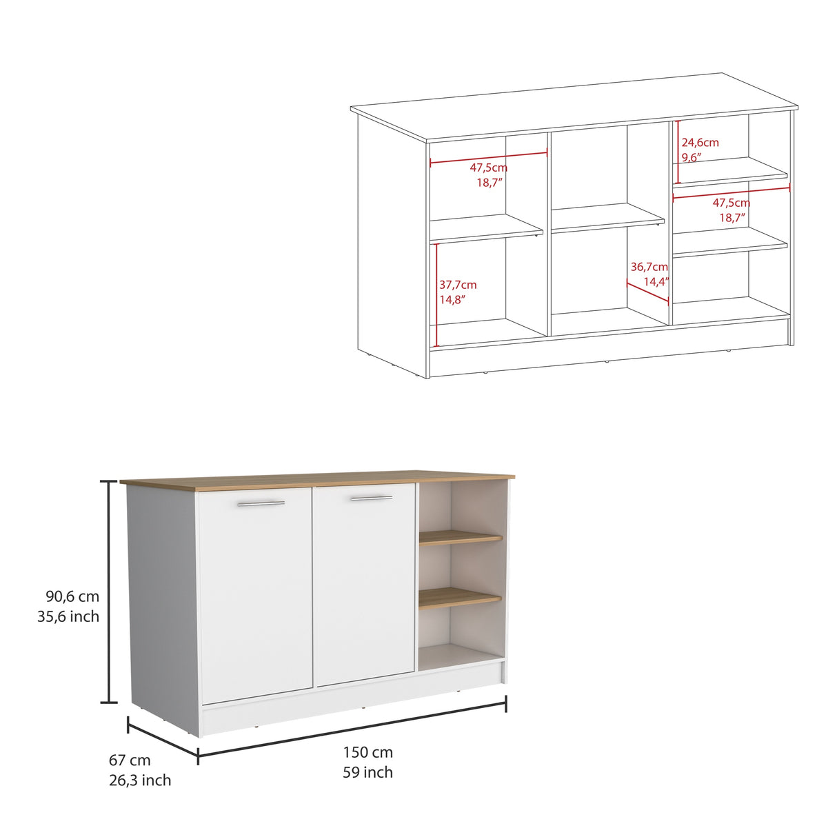 Isla de Cocina Ginger Fresno Europeo 150x90.6cm de Piso - Alacenas y Muebles Microondas | Bylmo