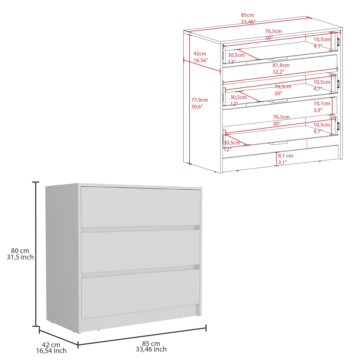 Cajonera Austin Blanco 85x80cm con Tres Cajones - Cajoneras y Comodas | Bylmo