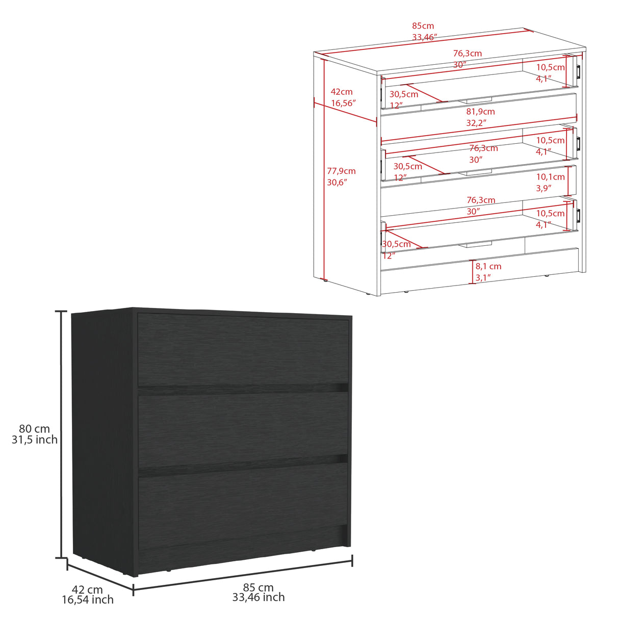 Cajonera Austin Wengue 85x80cm con Tres Cajones - Cajoneras y Comodas | Bylmo