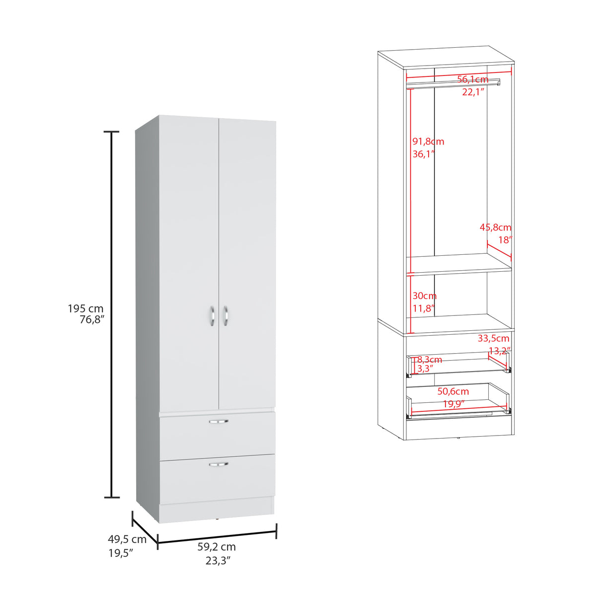 Closet Vicco Blanco 59.2x195cm con Dos Cajones - Closets | Bylmo