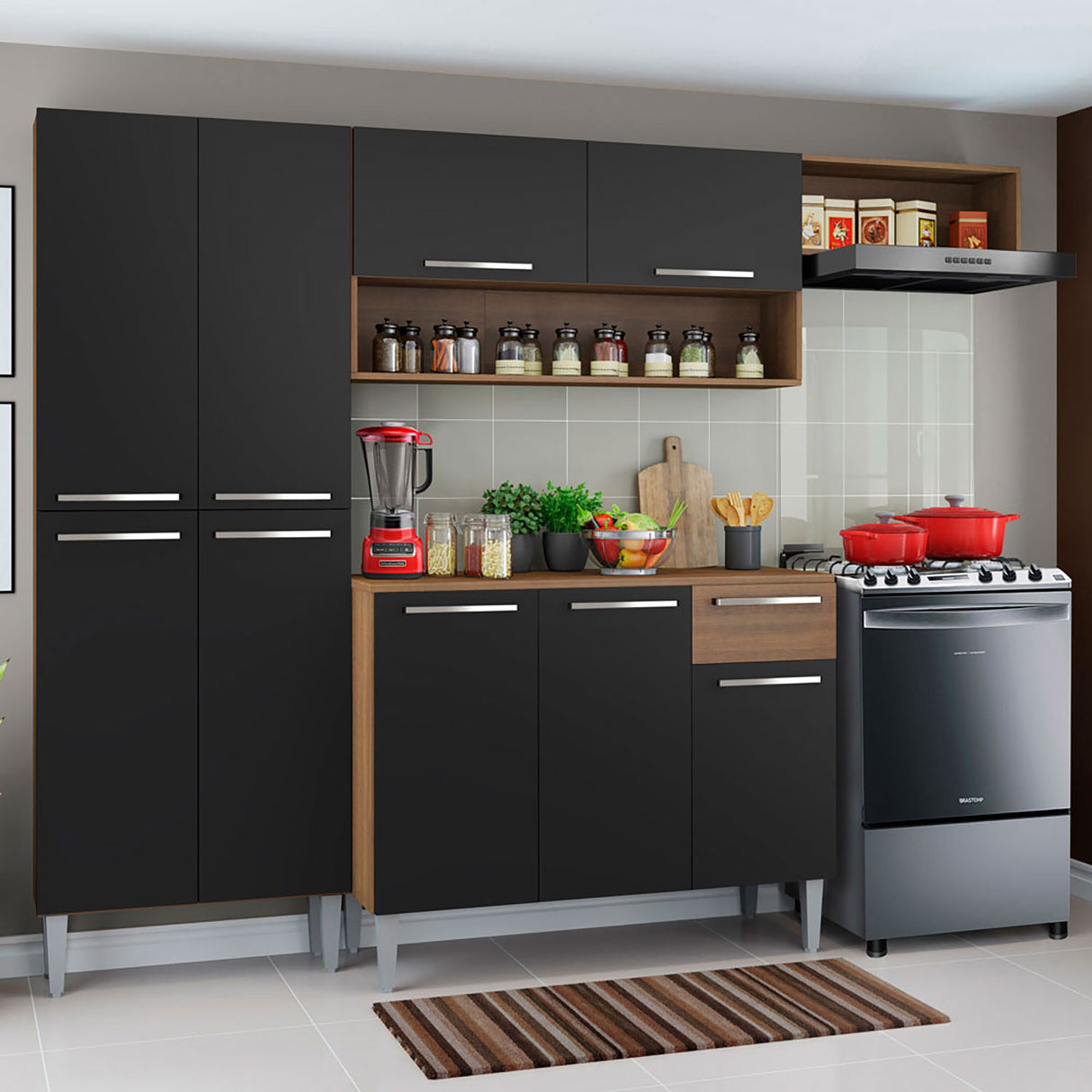 Cocina Integral Emilly Top Marron y Negro 229x186cm con Mesón de Madera - Cocinas | Bylmo