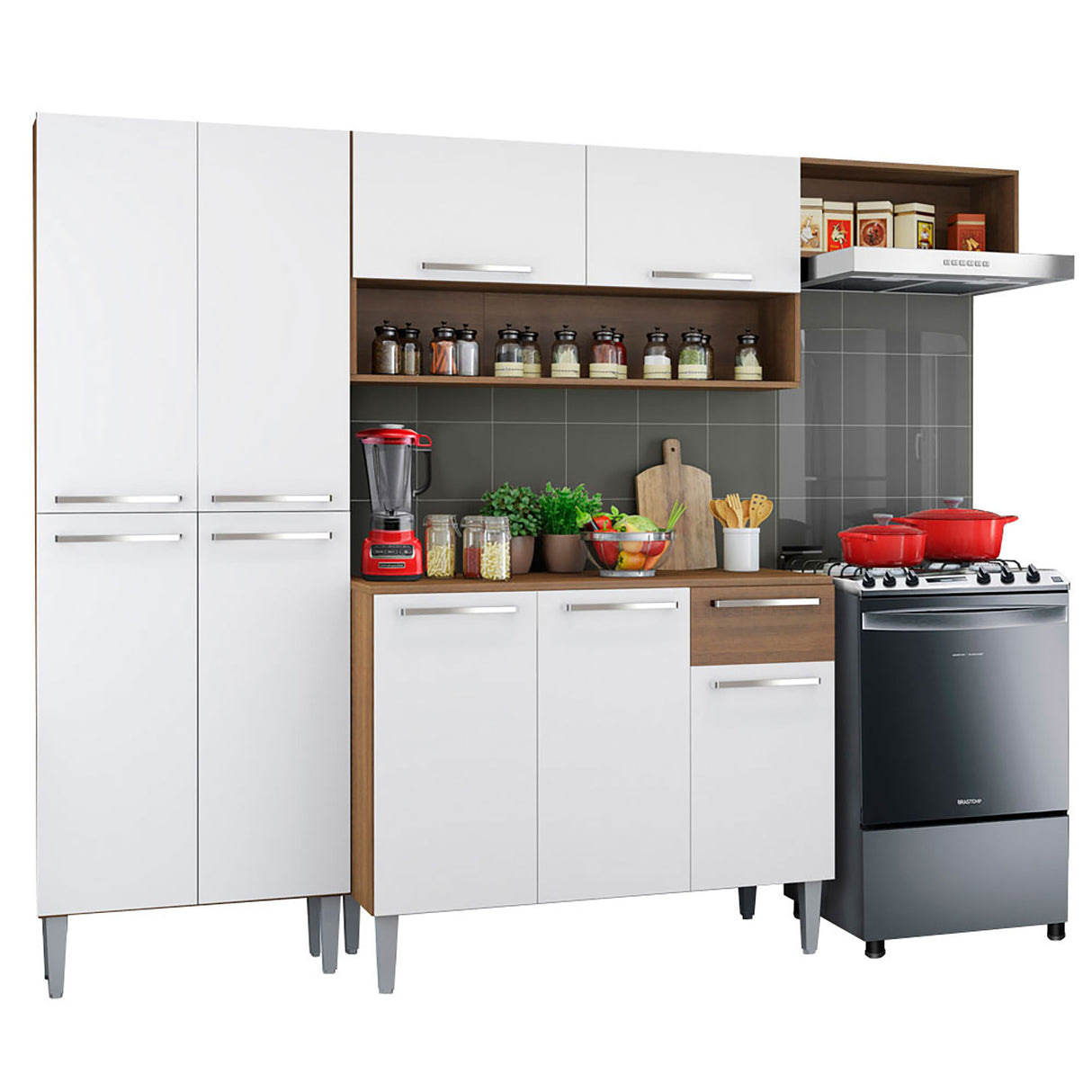 Cocina Integral Emilly Top Marron y Blanco 229x186cm con Mesón de Madera - Cocinas | Bylmo