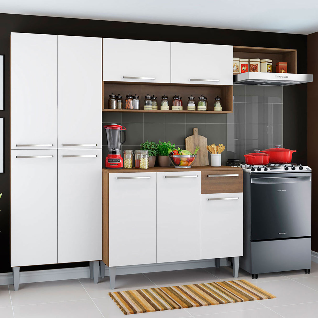 Cocina Integral Emilly Top Marron y Blanco 229x186cm con Mesón de Madera - Cocinas | Bylmo
