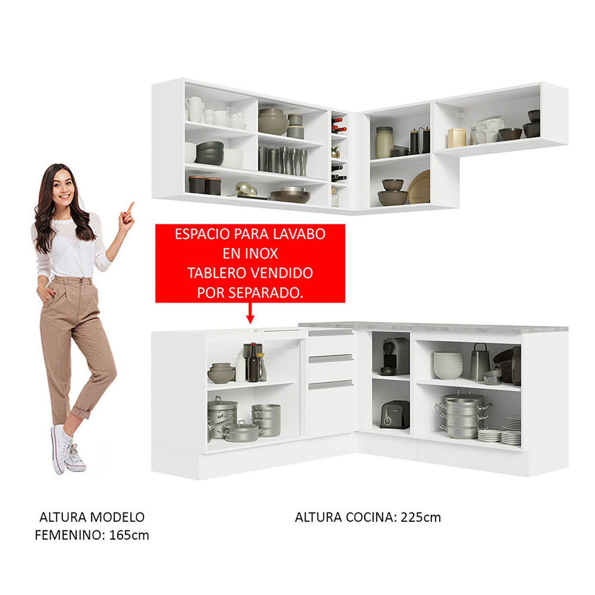 Cocina Integral Glamy Blanco 349x225cm sin Mesón con Puertas de Cristal Reflex - Cocinas | Bylmo