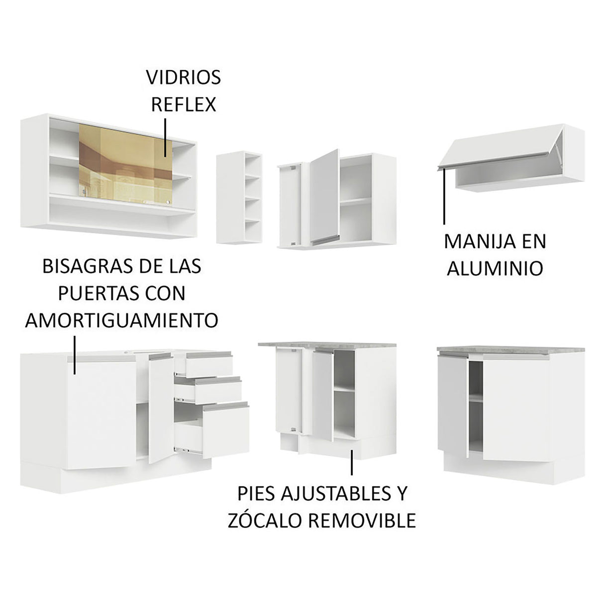 Cocina Integral Glamy Blanco 349x225cm sin Mesón con Puertas de Cristal Reflex - Cocinas | Bylmo