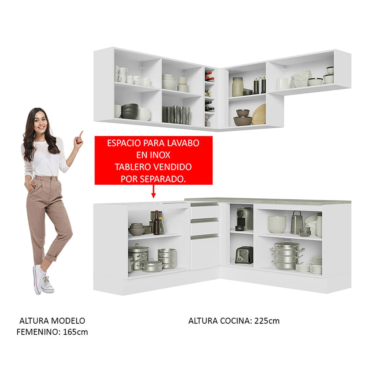 Cocina Integral Glamy Blanco 349x225cm sin Mesón - Cocinas | Bylmo